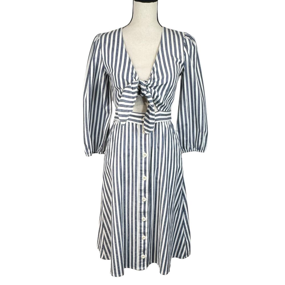 Madewell SZ 2 Midi Dress Striped 3/4 Sleeve Pockets Cutout Tie Button Front New